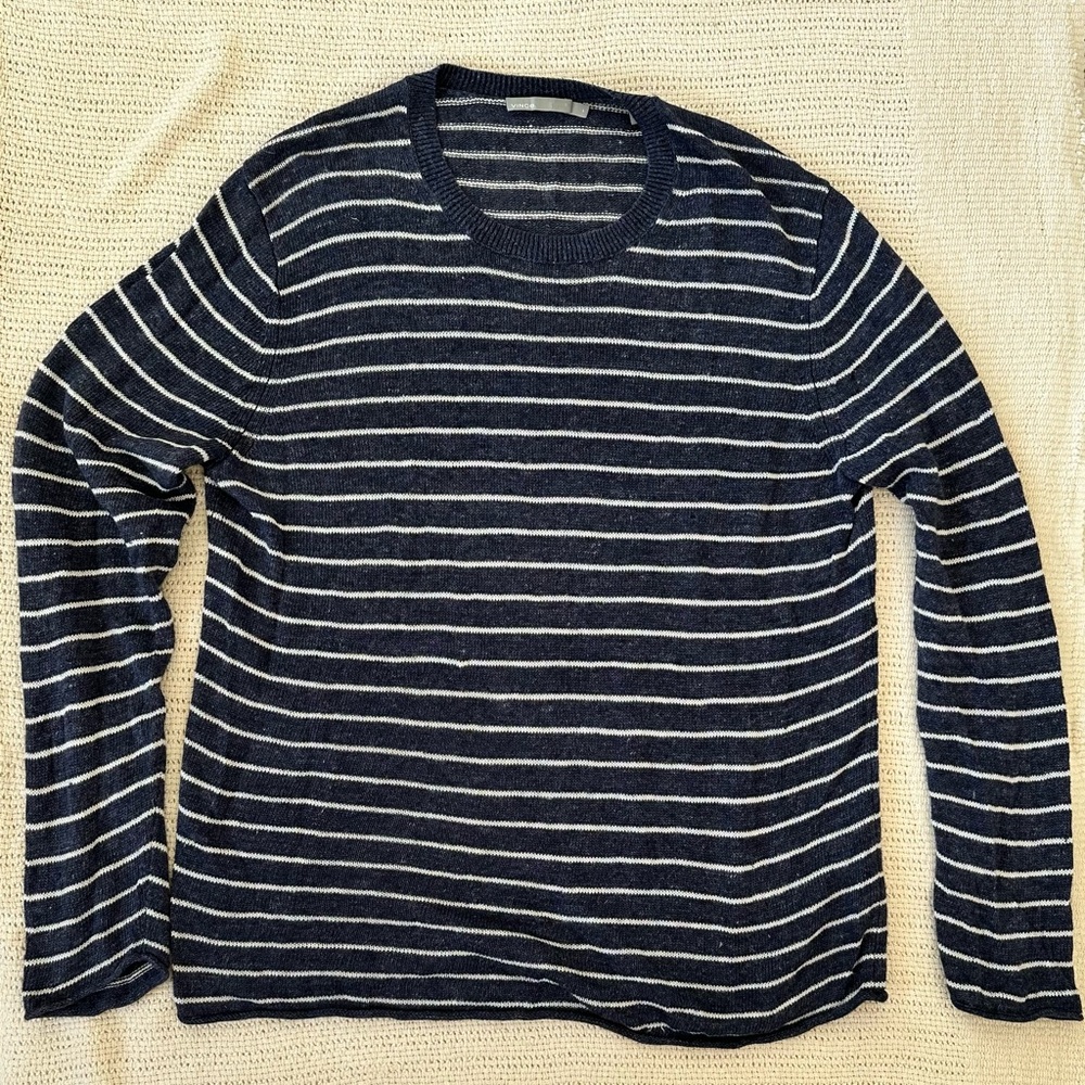 Vince 100% Linen Navy and White Striped Sweater Size Large